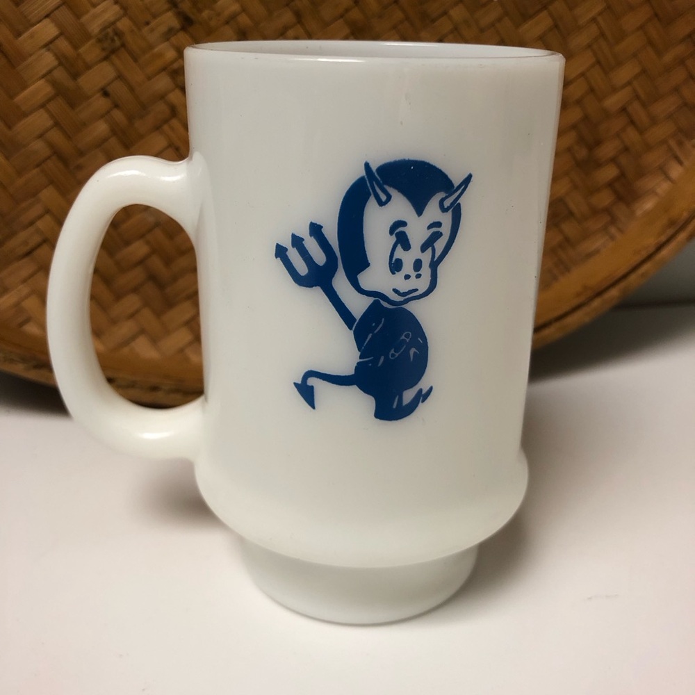 VTG Milk Glass Tall Mug with Blue Devil High School Letters on One Size 4.5”tall
